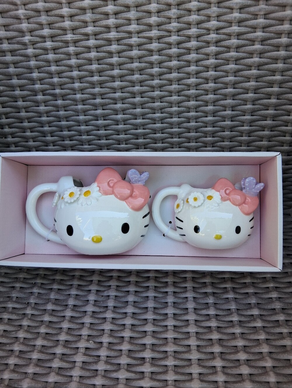 Hello Kitty Ceramic Face Mug Pair with Pink Bows and Purple Accents